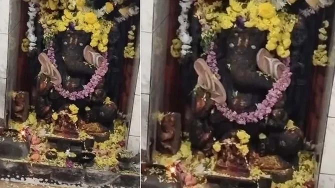 ಬೇಲೂರಿನಲ್ಲಿ ಶ್ರೀ ಗಣೇಶ ವಿಗ್ರಹಕ್ಕೆ ಚಪ್ಪಲಿ ಹಾರ! ಭಕ್ತರಲ್ಲಿ ಆಕ್ರೋಶ